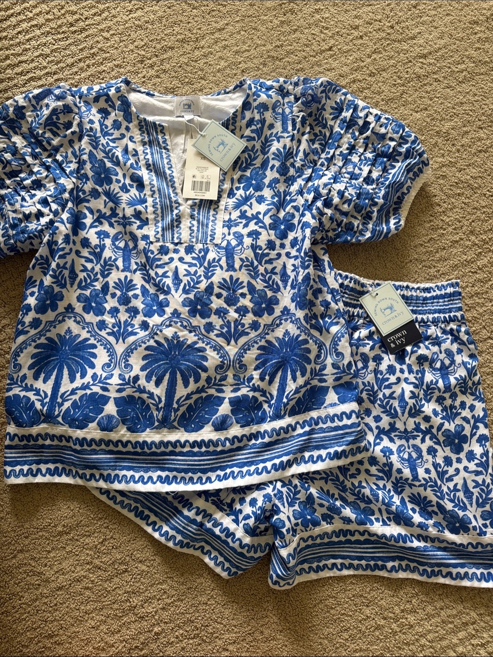 crown & ivy Blue and White Embroidered Tropical Two-Piece Set